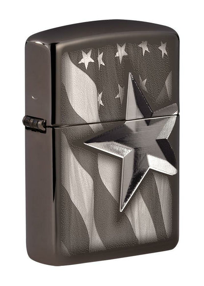 Zippo Retro Star USA Flag, Deep Carve High Polish Black Ice Armor Lighter #49350