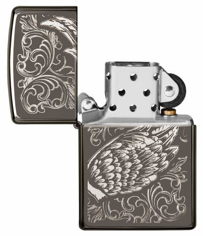 Zippo Flame and Wing Filigree, Laser Engraved Design, Windproof Lighter #29881