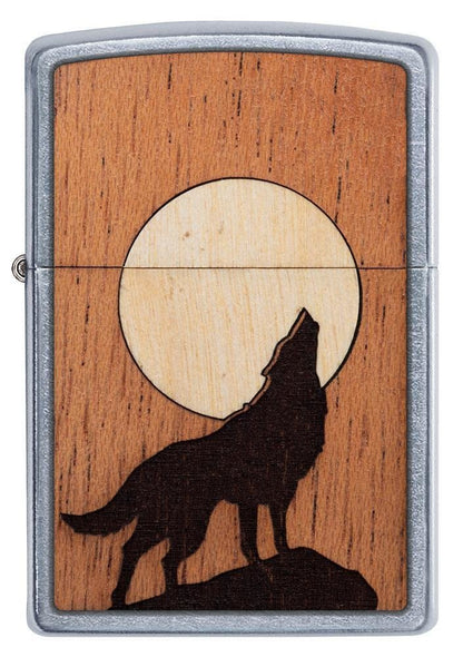 Zippo WOODCHUCK Howling Wolf, Real Wood, Street Chrome Finish Lighter #49043