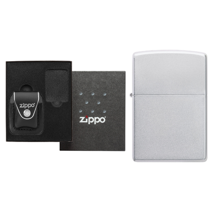 Zippo Satin Chrome Lighter & Black Clip-On Leather Pouch Gift Box Set