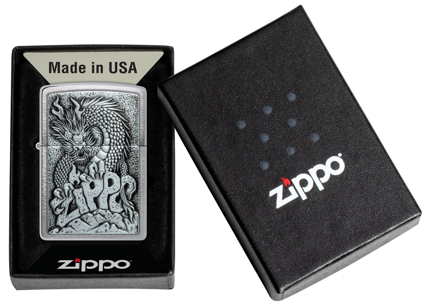 Zippo Dragon on Logo, Brushed Chrome Emblem Lighter #48902