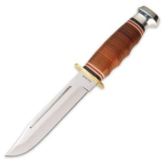 KA-BAR Marine Hunting Knife, Stacked Leather Handle + Leather Sheath #1235
