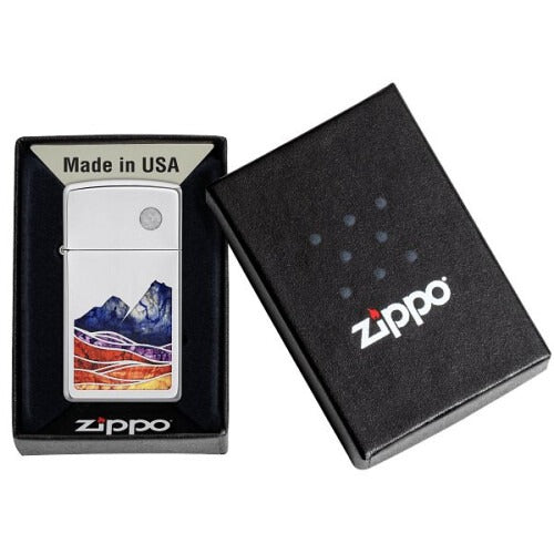 Zippo Slim Landscape Design, High Polish Chrome Finish, Windproof Lighter #49412