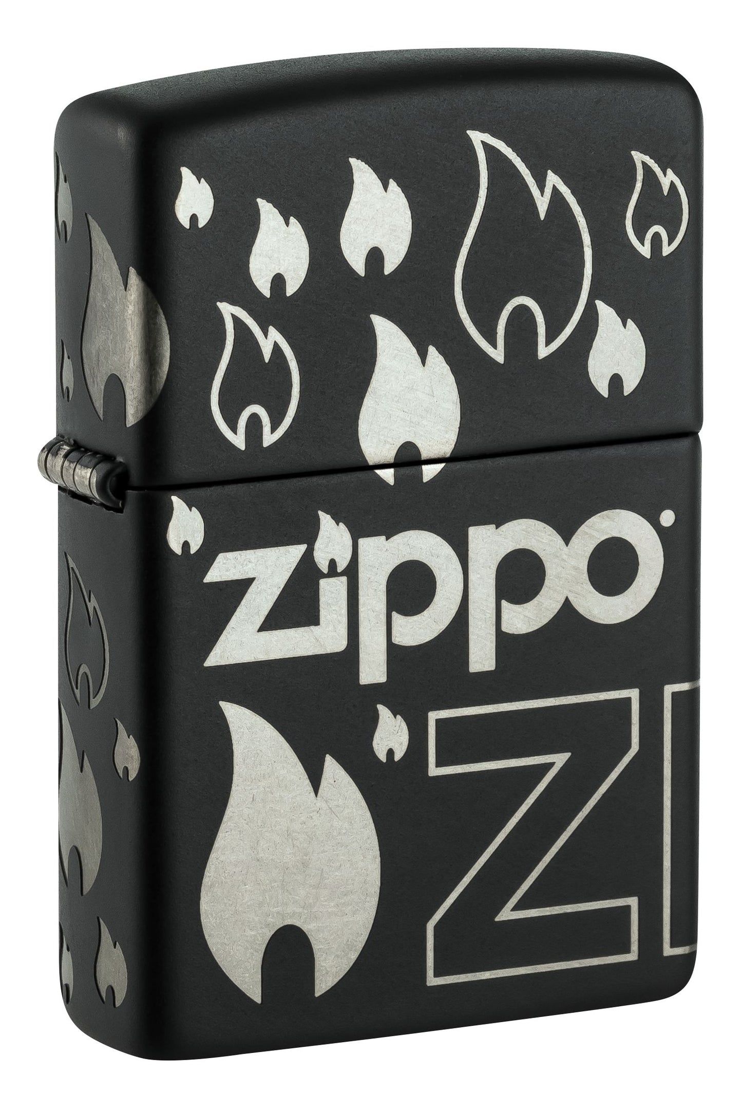 Zippo Flame Icon and Logo, Black Matte Laser 360 Lighter #48908