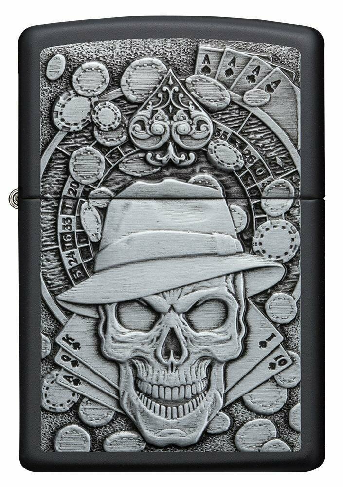 Zippo Gambling Skull Casino Roulette Emblem, Black Matte Lighter #49183