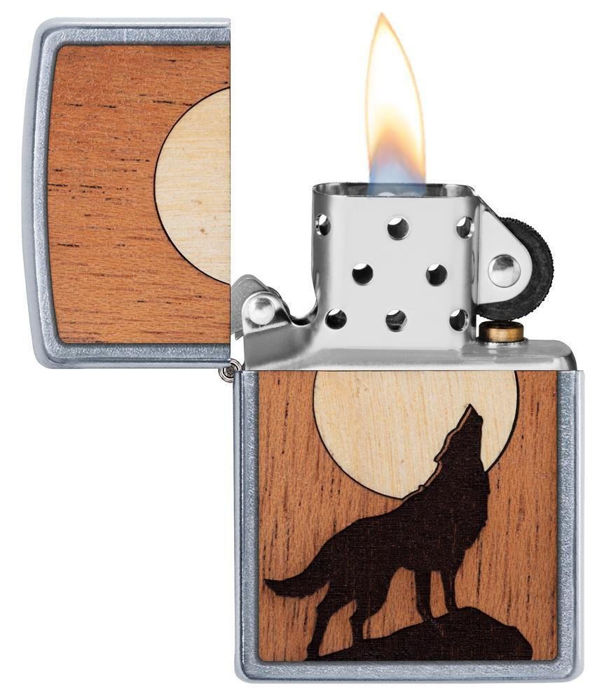 Zippo WOODCHUCK Howling Wolf, Real Wood, Street Chrome Finish Lighter #49043