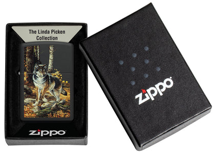 Zippo Linda Picken Wolf in Fall Woods, Black Matte Lighter #48970