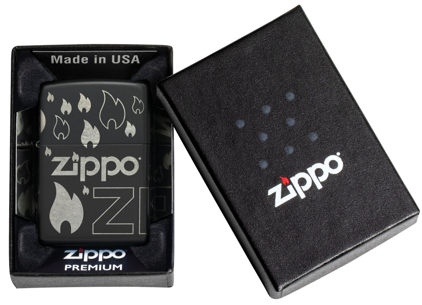 Zippo Flame Icon and Logo, Black Matte Laser 360 Lighter #48908