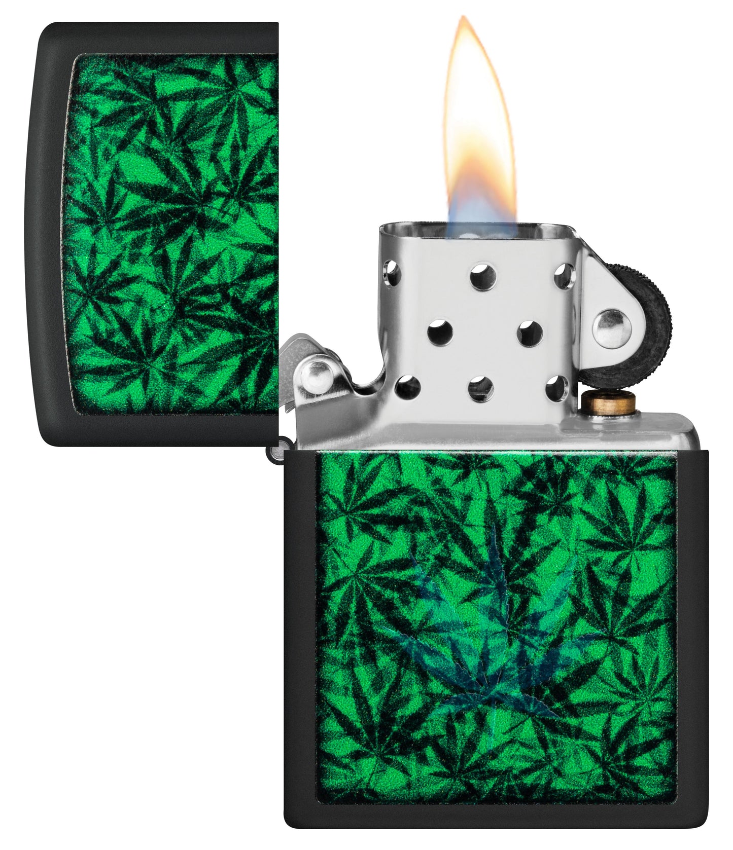 Zippo Cannabis Leaves Black Light Design, Black Matte Lighter #48736