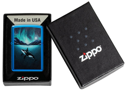 Zippo Orca Killer Whale Design, High Polish Blue Lighter #48984