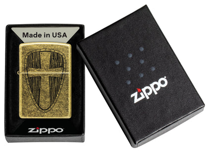 Zippo Crusader Shield, Antique Brass Lighter #47260