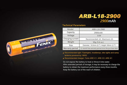 Fenix ARB-L18-2900 Cold Resistant Rechargeable 18650 Battery, 1 Pc #ARB-L18-2900