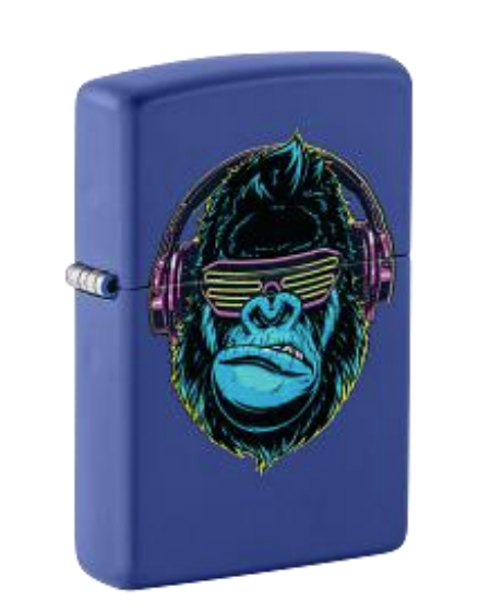 Zippo Neon Gorilla DJ Design, Blue Matte Black Light Lighter #48842