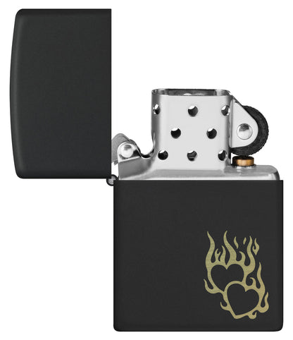 Zippo Fire Heart Design. Black Matte Lighter #46004