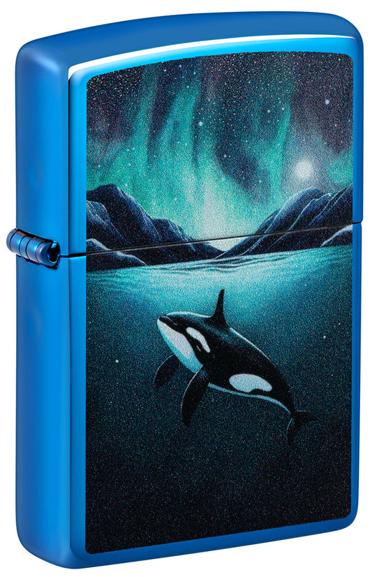 Zippo Orca Killer Whale Design, High Polish Blue Lighter #48984