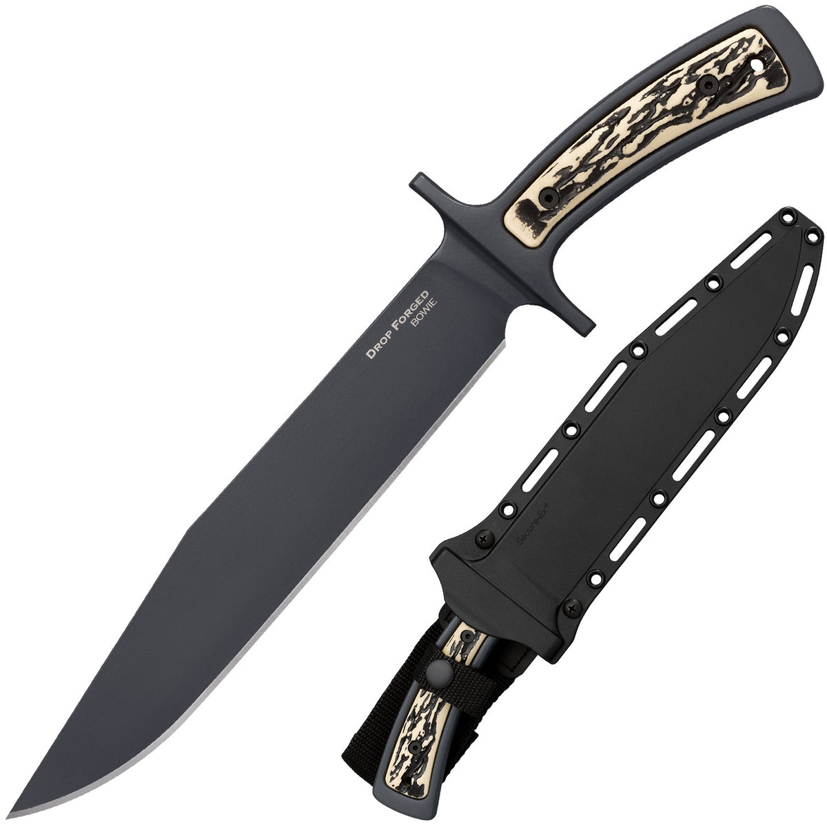 Cold Steel Drop Forged 9.5" Bowie, 14-1/8" Overall, 5MM Thick, 14-5/8" Faux Stag Handle, Sheath #36MK