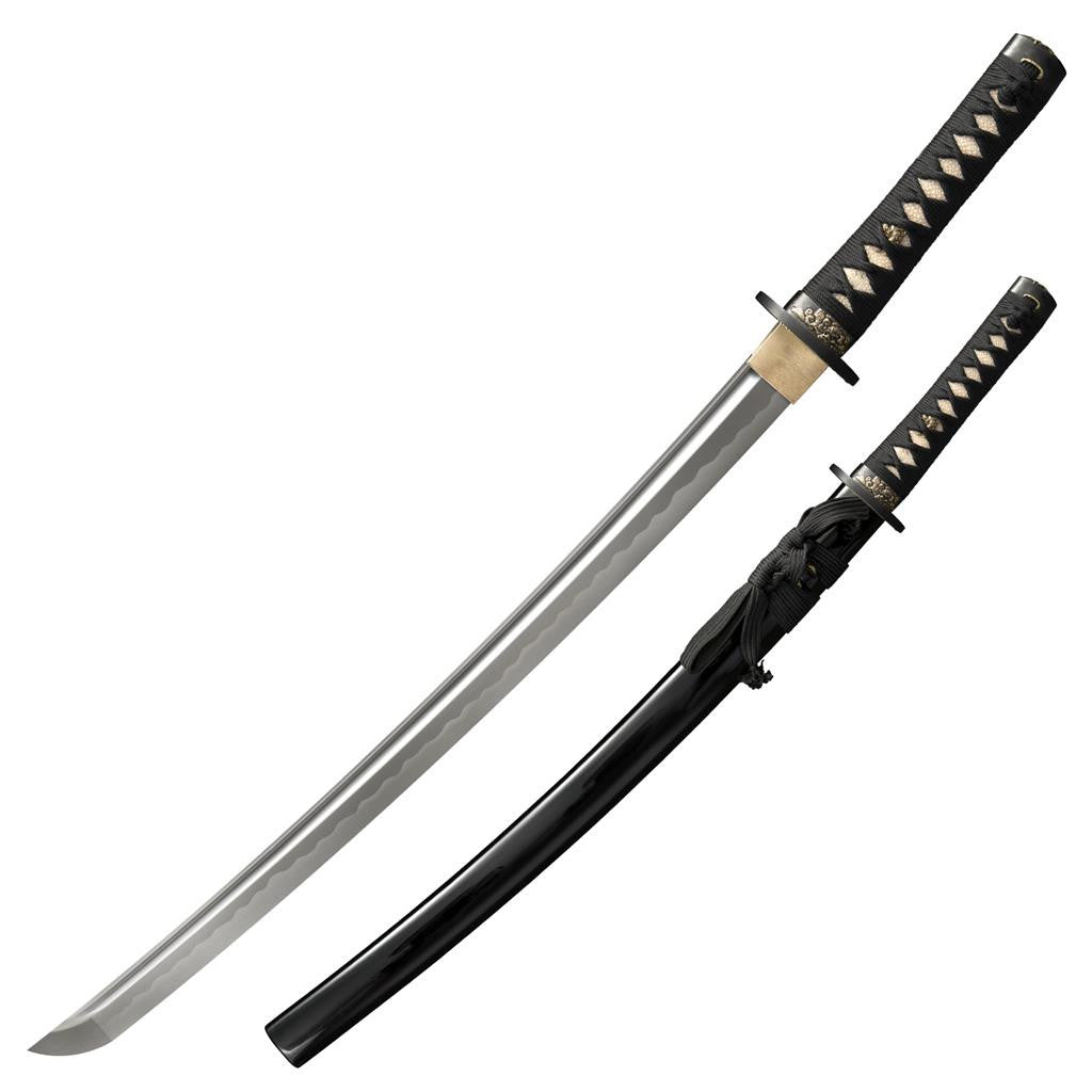 Cold Steel Gold Lion Wakizashi, 28.25" Overall, 21" Blade, 6MM Thick, Damascus Steel, 7.25" SamÃ© Handle with Black Braid Cord & Brass Menuki, Black Lacquered Wood Scabbard, 22.4 oz #88ABW