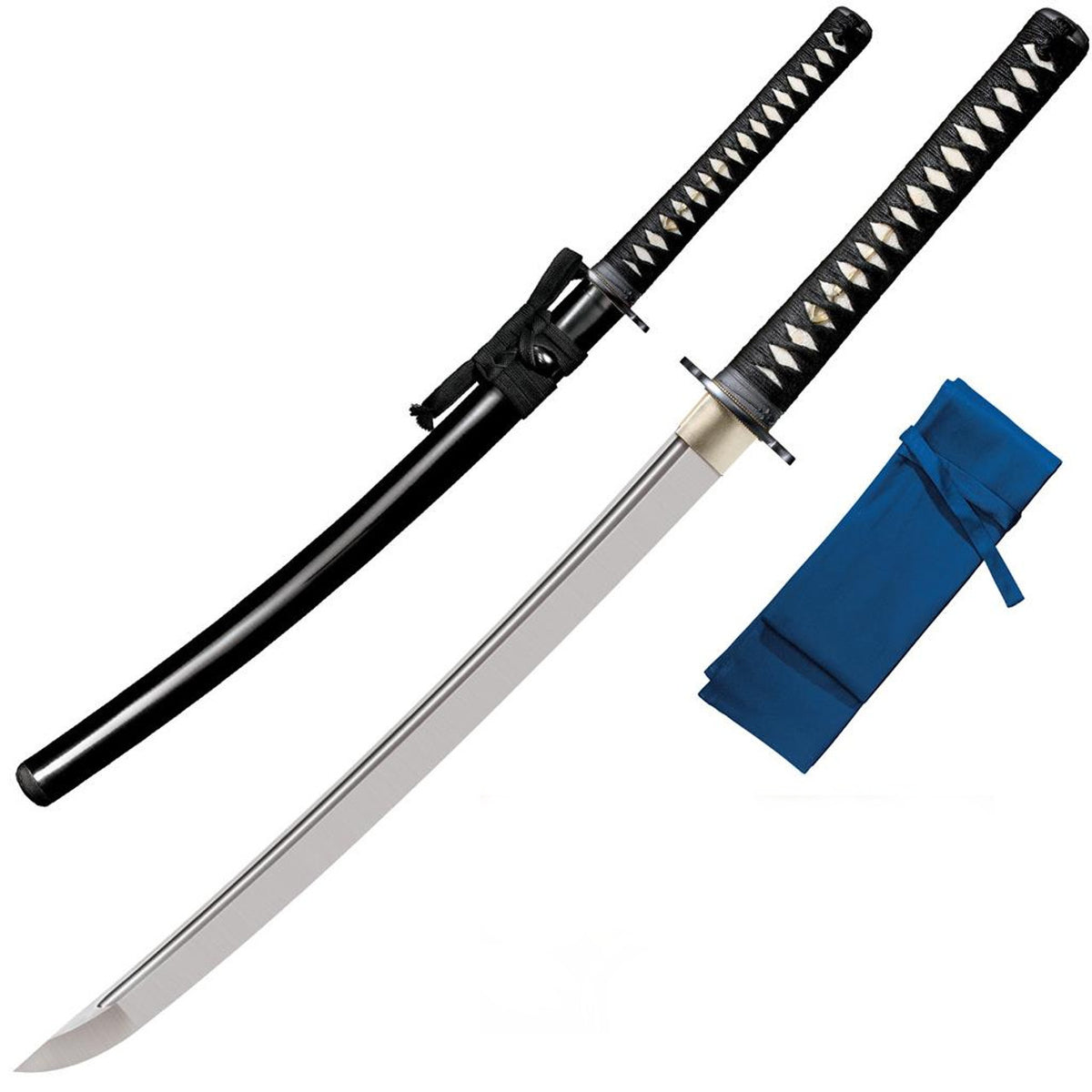 Cold Steel Wakizashi Long Handle, 32.25" Overall, 21" Blade, 5/16" Thick, 1060 Carbon, 11.25" SamÃ© Handle with Black Cord & Brass Menuki, Black Lacquered Wood Scabbard, 42.5 oz #88BWWK
