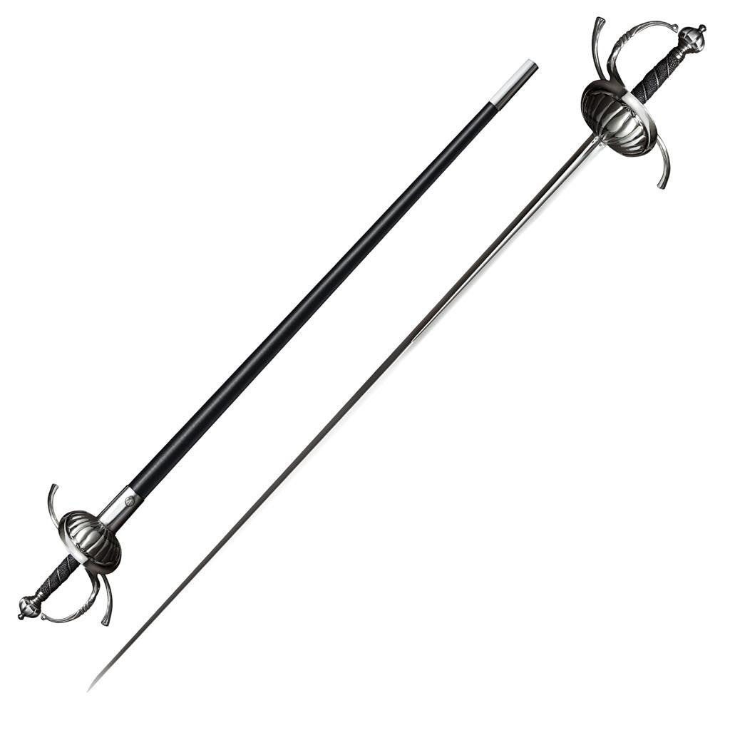 Cold Steel Ribbed Shell Swept Hilt Rapier, 50.5" Overall, 41.5" Blade, 1/5" Thick, 1060 Carbon Steel, 9" Handle, Leather Scabbard with Steel Fittings, 48 oz #88CHR