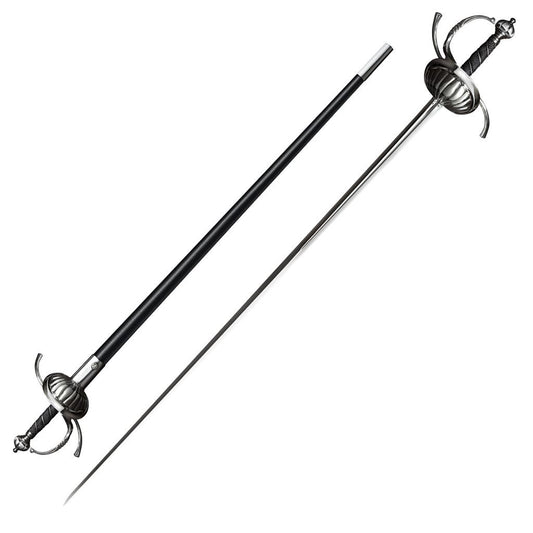 Cold Steel Ribbed Shell Swept Hilt Rapier, 50.5" Overall, 41.5" Blade, 1/5" Thick, 1060 Carbon Steel, 9" Handle, Leather Scabbard with Steel Fittings, 48 oz #88CHR