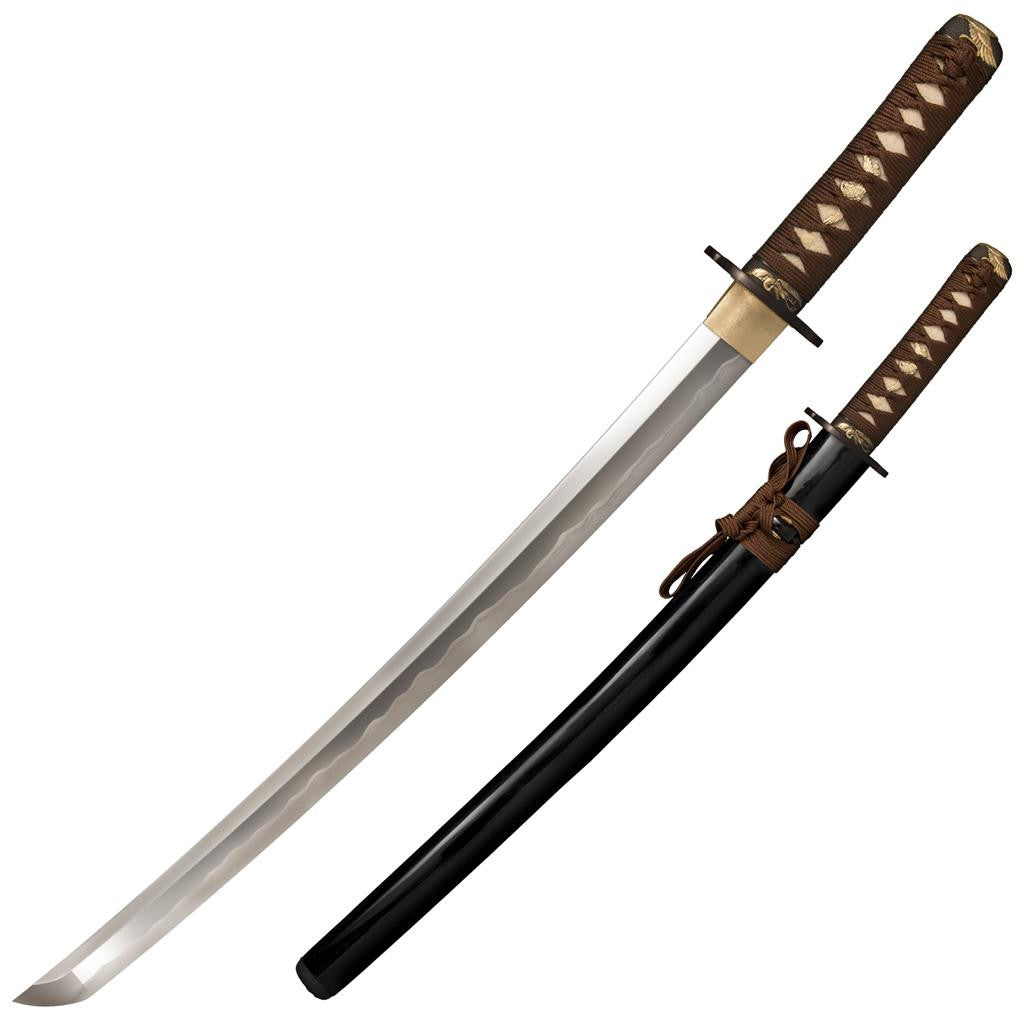 Cold Steel Mizutori (crane) Wakizashi, 27.5" Overall, 21" Blade, 7MM Thick, 1095 Carbon Steel, 6.5" SamÃ© Handle with Brn Braid Cord & Brass Menuki, BLK Lacquered Wood Scabbard, 28.1 oz #88CKW