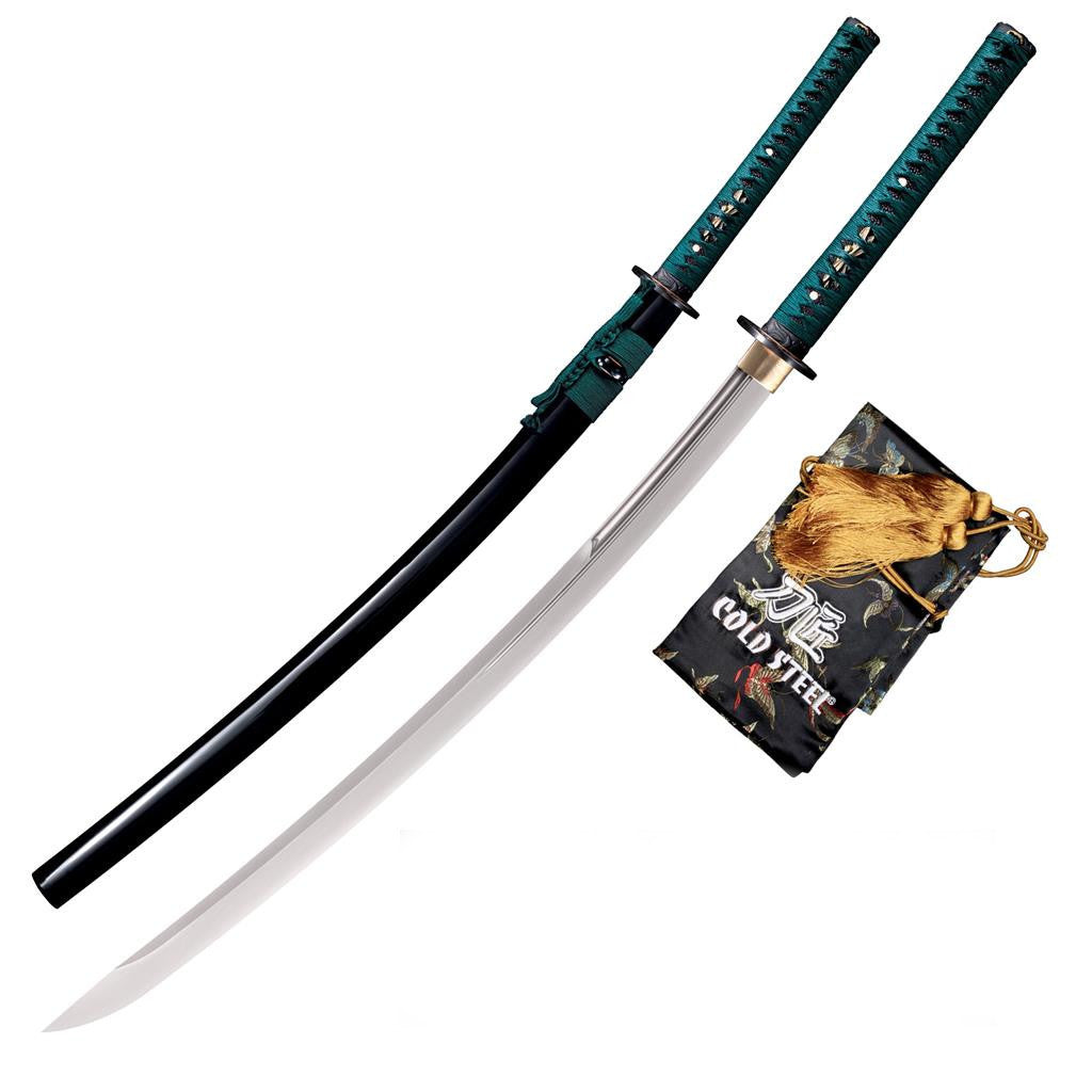 Cold Steel Dragonfly Katana, 40.75" Overall, 29.25" Blade, 5/16" Thick, 1055 Carbon Steel, 11.5" SamÃ© Handle with Teal Silk Braid Cord & Brass Menuki, Black Lacquered Wood Scabbard #88DK