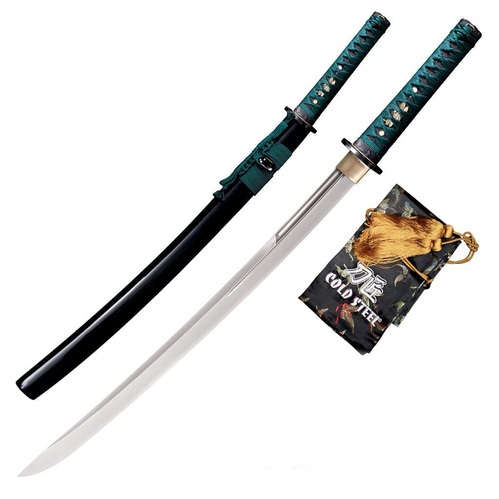 Cold Steel Dragonfly Wakizashi, 31.5" Overall, 22" Blade, 5/16" Thick, 1060 Carbon Steel, 9.5" SamÃ© Handle with Teal Silk Braid Cord & Brass Menuki, BLK Lacquered Wood Scabbard, 30.3 oz #88DW