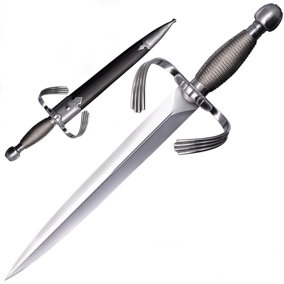 Cold Steel Large Parrying Dagger, 19" Overall, 13" Blade, 6MM Thick, 1055 Carbon Steel, 6" Handle, Black Leather Sheath, 26.5 oz #88EKA