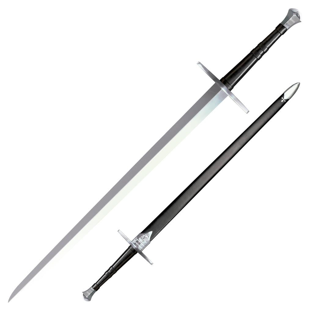 Cold Steel Hand-and-A-Half Sword, 45.5" Overall, 33.5" Blade, 1/5" Thick, 1060 Carbon Steel, 12" Leather Wrapped Handle, Leather & Wood Scabbard with Steel Fittings, 50 oz #88HNH