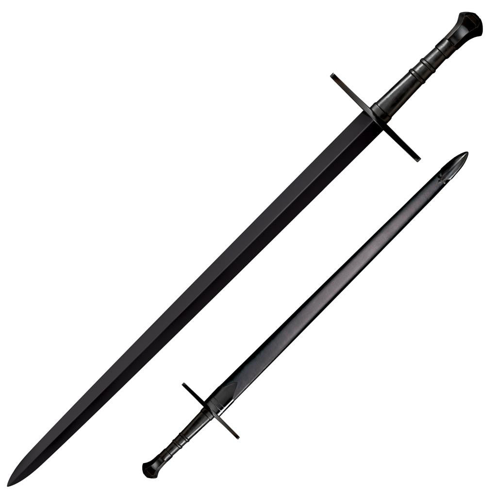 Cold Steel MAA Hand-and-A-Half Sword, 45.5" Overall, 33.5" Blade, 1/4" Thick, 1055 Carbon Steel, 12" Handle, Leather Scabbard with Blued Steel Fittings, 50.4 oz #88HNHM
