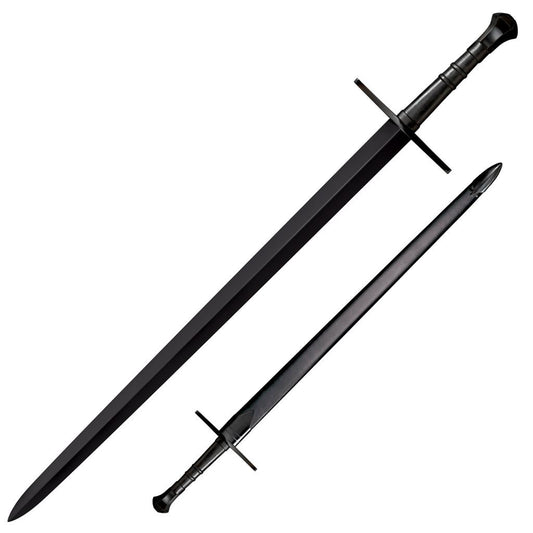 Cold Steel MAA Hand-and-A-Half Sword, 45.5" Overall, 33.5" Blade, 1/4" Thick, 1055 Carbon Steel, 12" Handle, Leather Scabbard with Blued Steel Fittings, 50.4 oz #88HNHM