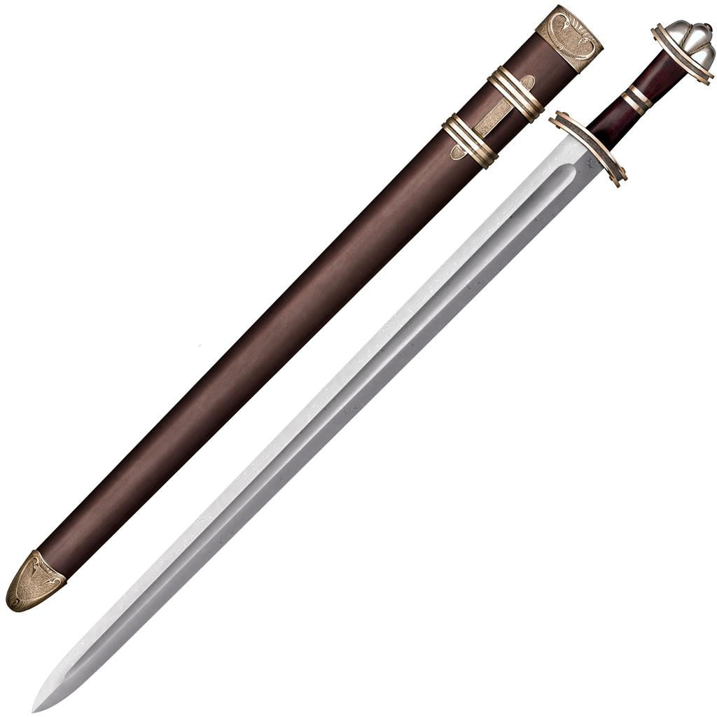 Cold Steel Damascus Viking Sword, 37" Overall, 30" Blade, 4MM Thick, Damascus Steel, 7" Handle, Leather Scabbard with Brass Fittings, 39.7 oz #88HVB