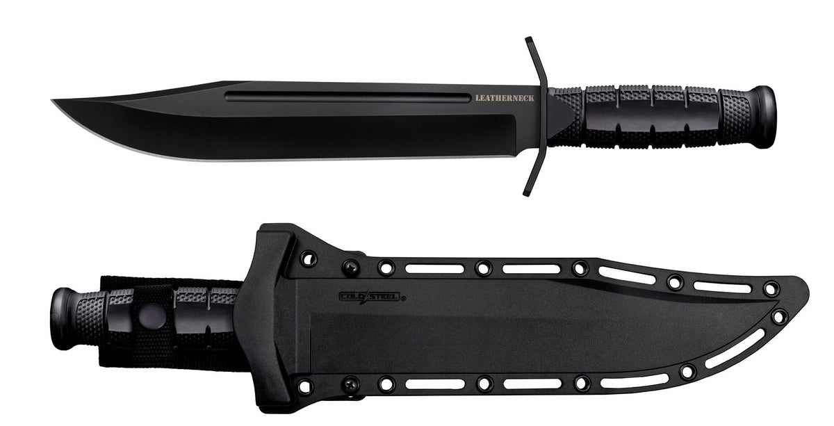 Cold Steel Leatherneck Bowie, 15" Overall, 10.5" Blade, D2 Steel with Blood Groove & Black Powder Coat Finish, 5.75" Black Handle, Secure-Ex Sheath #FX-LTHRNK