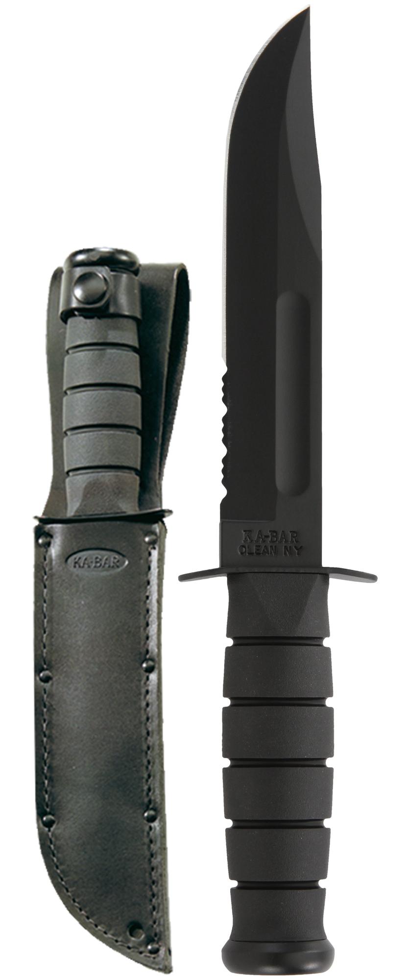 Ka-Bar Full Size Black Ka-Bar-Clam Pack - Black Leather Sheath, Serr Edge #1212CP