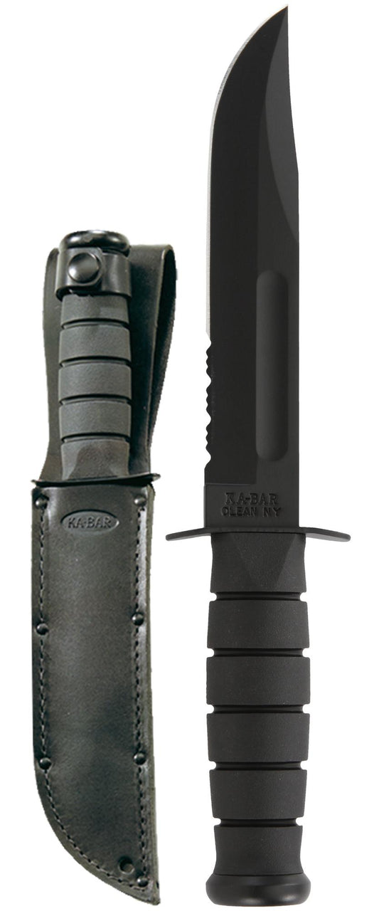 Ka-Bar Full Size Black Ka-Bar-Clam Pack - Black Leather Sheath, Serr Edge #1212CP