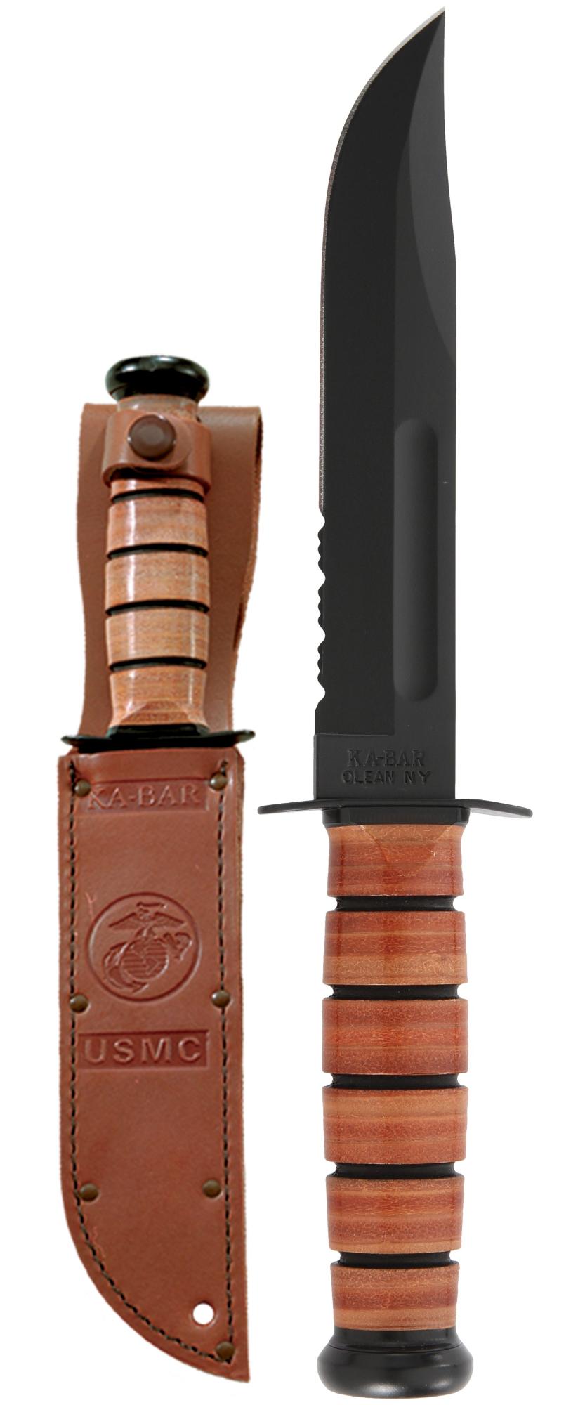 Ka-Bar USMC Utility-Clam Pack - Brown Leather Sheath, Serr Edge #1218CP