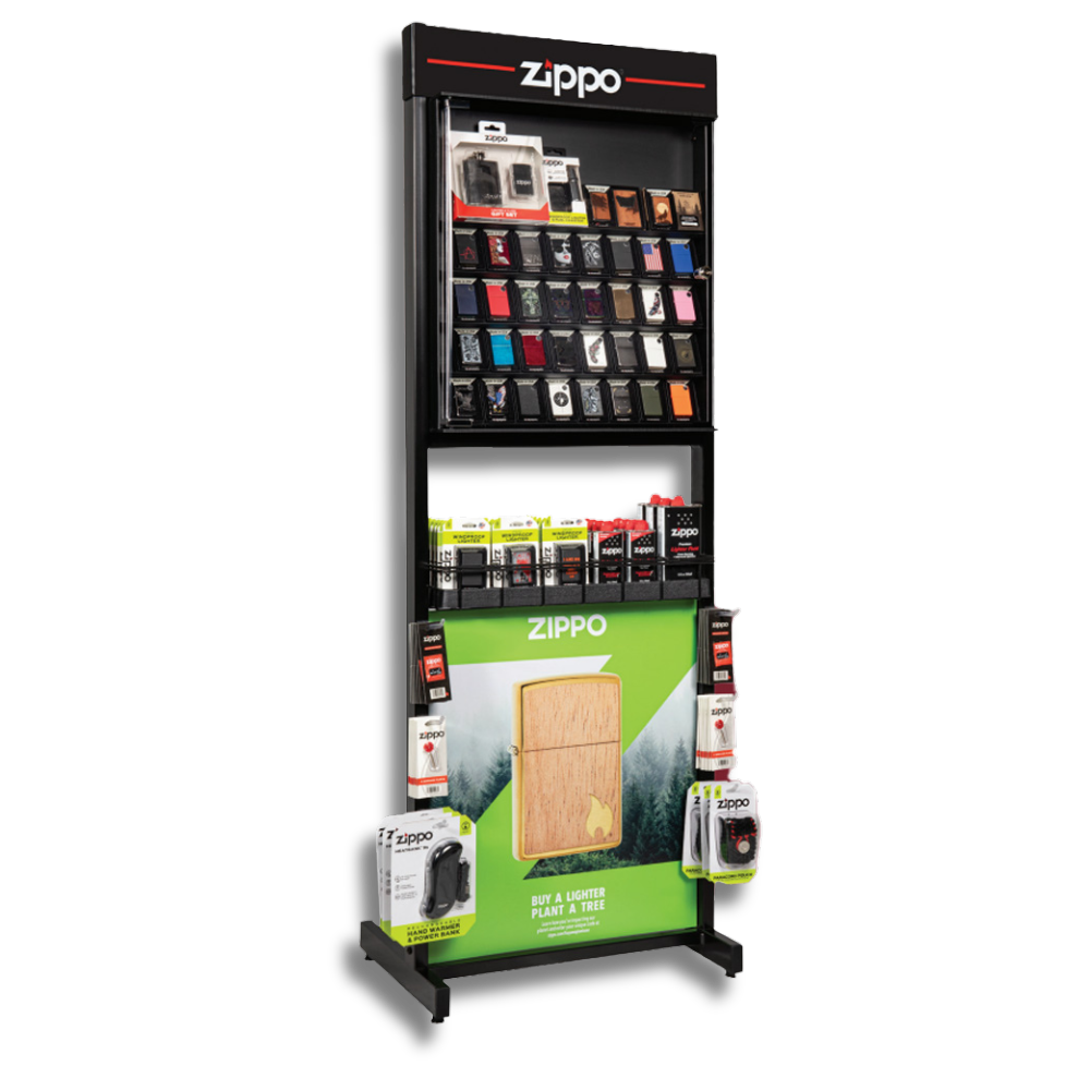 Zippo counter display case, stocked with lighters