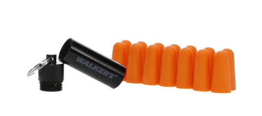 Walker's 7 Pairs Neon Orange Foam Plug with Black Aluminum Carry Canister #PLGCAN-OR