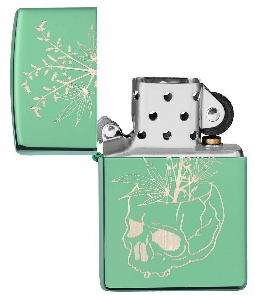 Zippo Botanical Skull Cannabis, Laser Engraved, High Polish Green Lighter #49142