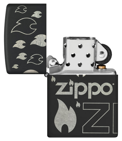 Zippo Flame Icon and Logo, Black Matte Laser 360 Lighter #48908