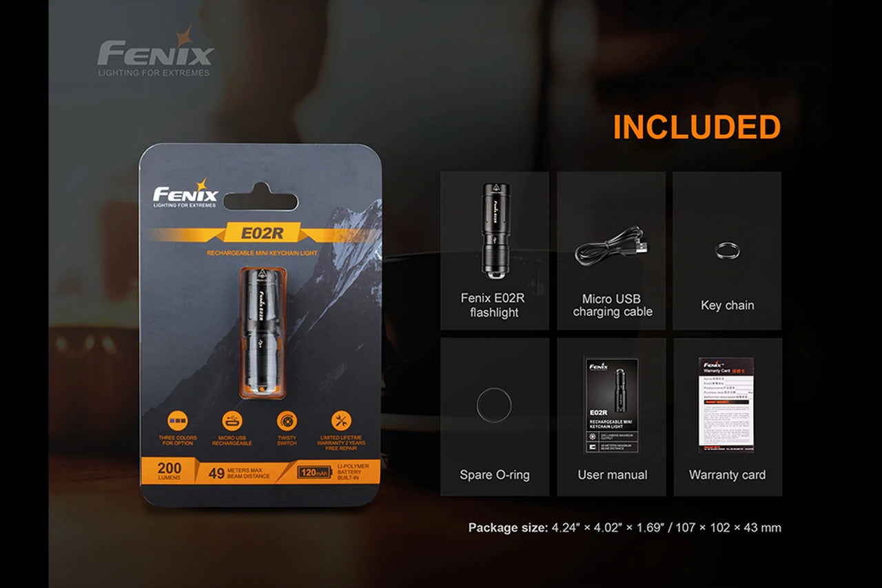 Fenix E02R Keychain Light, 200 Lumens Compact Flashlight #E02R-BLACK