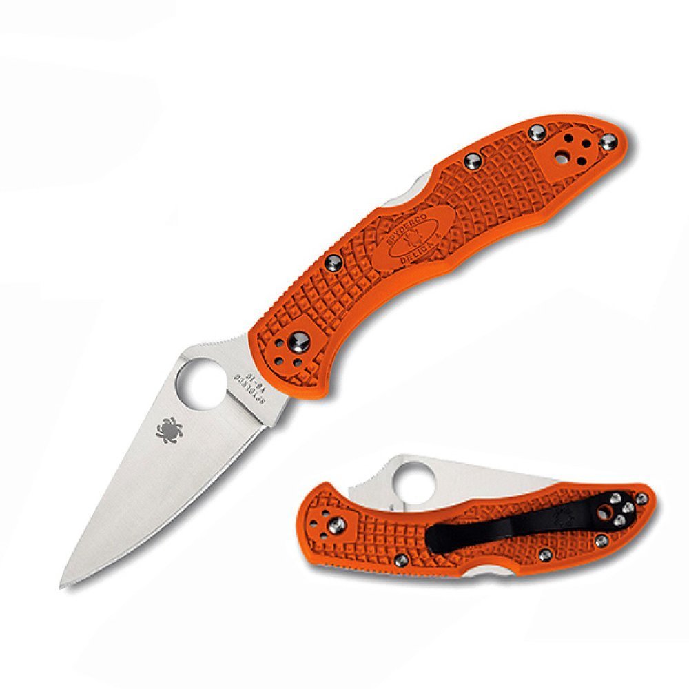 Spyderco Delica Knife, Flat Ground Blade, Orange VG-10 FRN Handle #C11FPOR