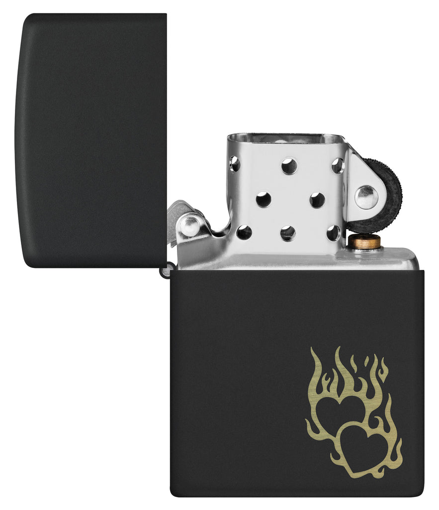 Zippo Fire Heart Design. Black Matte Lighter #46004