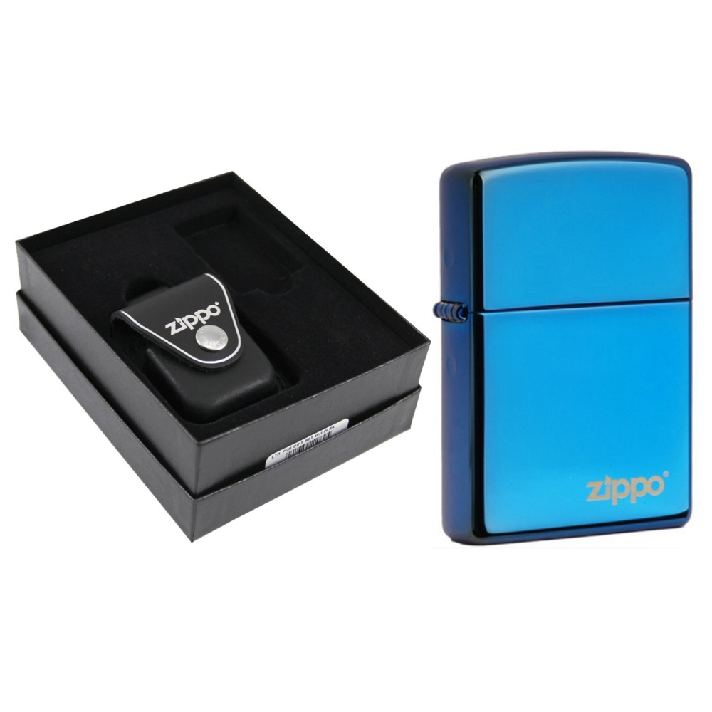 Zippo Sapphire Blue Logo Lighter & Black Leather Pouch Gift Box Set