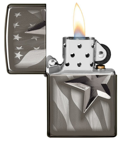 Zippo Retro Star USA Flag, Deep Carve High Polish Black Ice Armor Lighter #49350