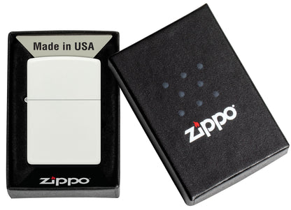 Zippo White Matte Custom Lighter & Black Clip-On Leather Pouch Gift Set