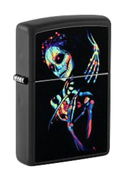 Zippo Skeleton Glow Art Design, Black Light Black Matte Lighter #48647
