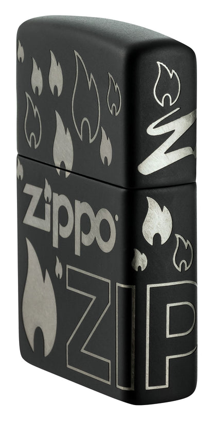 Zippo Flame Icon and Logo, Black Matte Laser 360 Lighter #48908