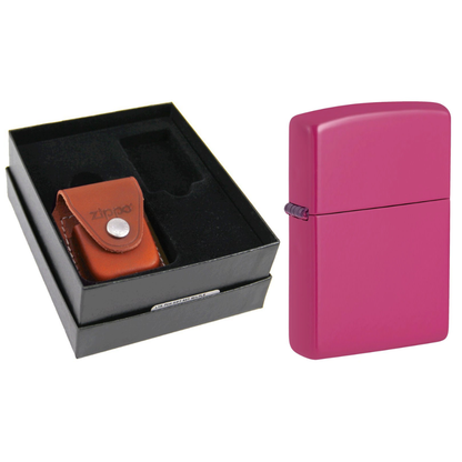 Zippo Pink Frequency Finish Lighter & Brown Leather Belt Pouch Gift Box Set