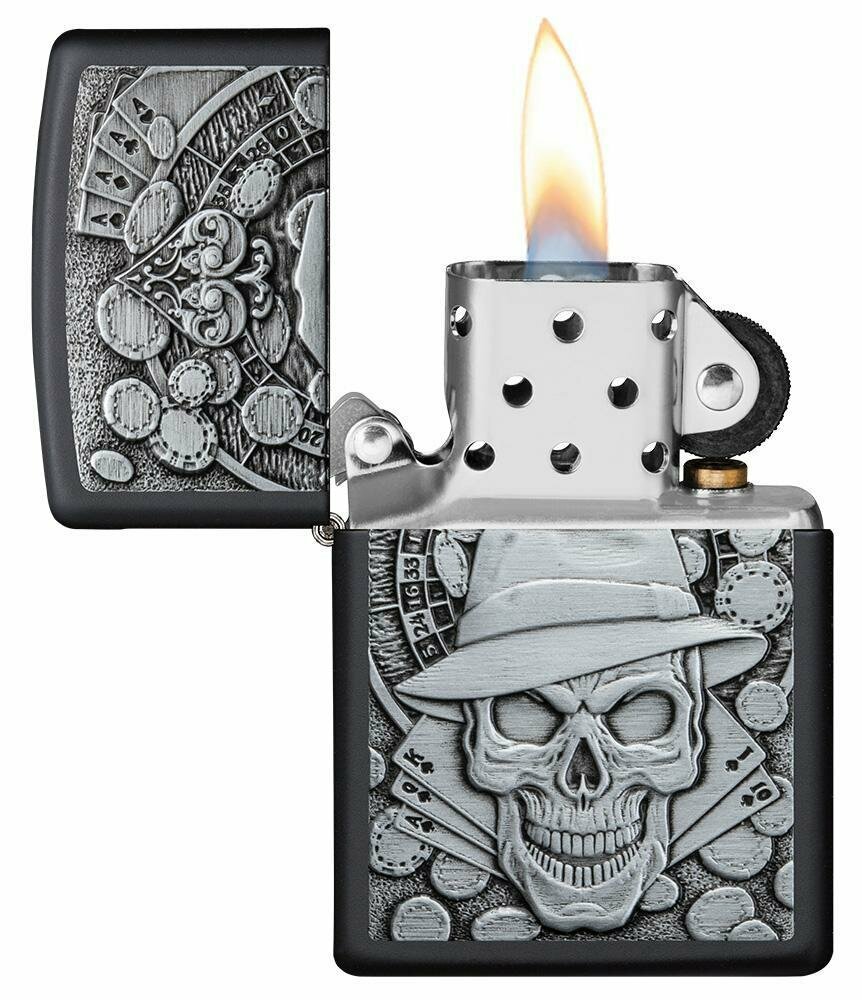 Zippo Gambling Skull Casino Roulette Emblem, Black Matte Lighter #49183